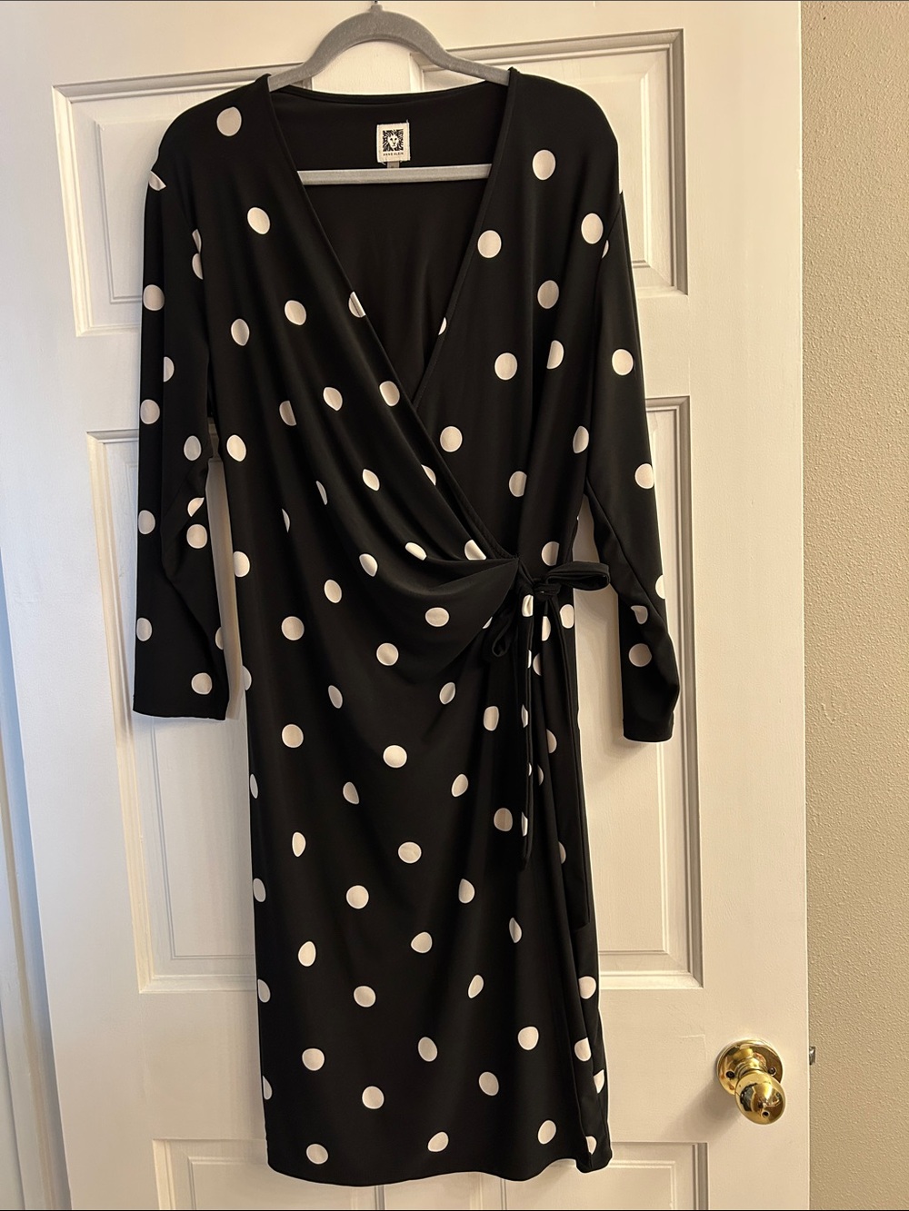 Anne Klein Black Wrap Dress with White Polka Dots